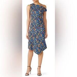 ATLEIN | Blue Floral Designer Off Shoulder Twist Sleeveless Midi Dress- XS